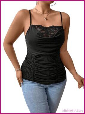 Plus Size Lace Trim Ruched Cami Top Spaghetti Strap Draped Front Sleeveless